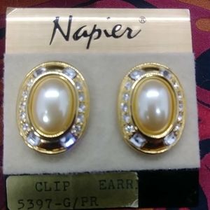 Napier Faux Pearl Rhinestone Oval Gold-Tone Clip Earrings
